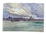 watercolor painting of a view of a city from the water