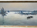 an oil painting of a harbor scene with sailboats in the water