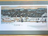 painting of a snowy village with a church in the background