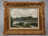a painting of a landscape with a river and trees in a gold frame