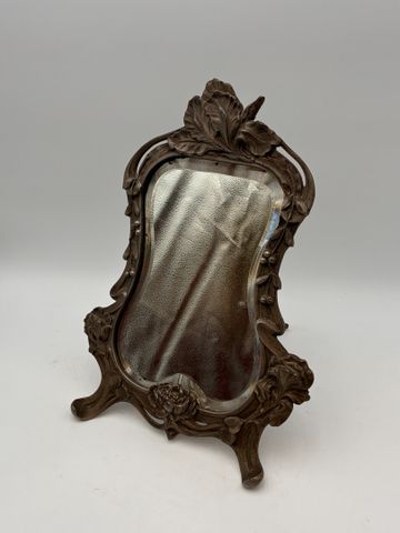 Miroir de table cadre étain à décor de roses H : 40