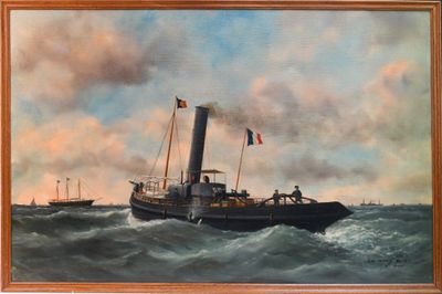 an oil painting of a steam ship in the middle of a body of water