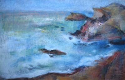une peinture à l'huile représentant un chien sur une plage rocheuse au bord de l'océan