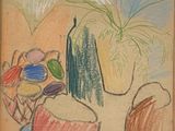 tableau représentant une nature morte composée de fruits et de légumes disposés dans une assiette