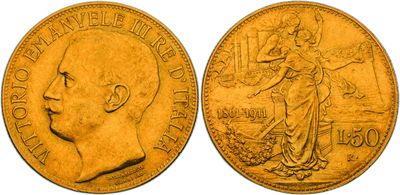 a gold sovereign coin with a profile of a man and a woman