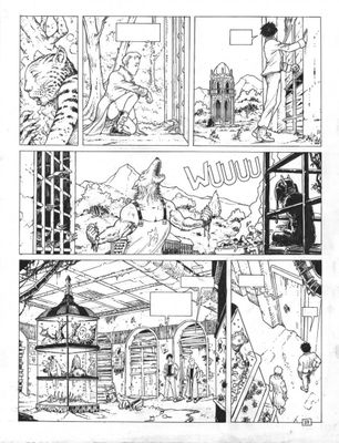 une page d'une bande dessinée comportant une illustration en noir et blanc
