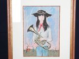 painting of a woman in a hat holding a trumpet in front of a wooden easel