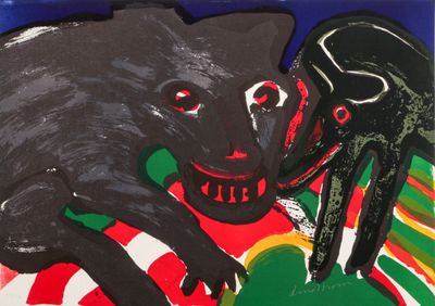 un tableau représentant un chat noir allongé sur une couverture rouge et verte