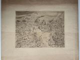 un vieux dessin représentant un paysage avec une montagne en arrière-plan