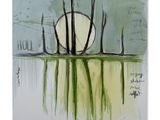 une peinture abstraite représentant des arbres et une lune dans le ciel