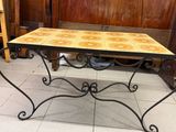 a table that has a tile top on it