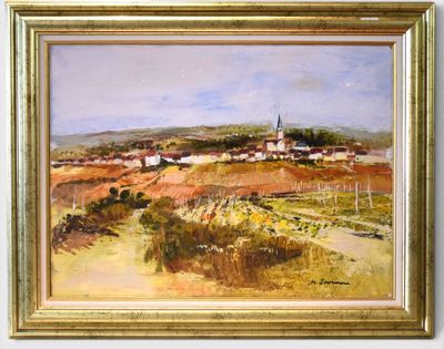 an oil painting of a landscape with a village in the distance
