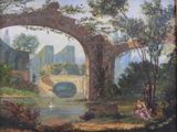 un tableau représentant un pont au-dessus d'une rivière, avec des personnes assises dessus