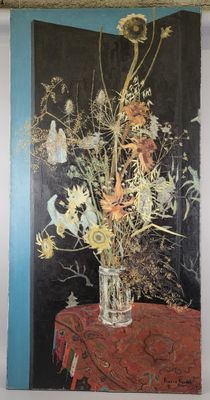 une peinture représentant un vase de fleurs sur une table