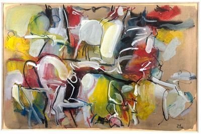abstract painting of a group of people riding horses in a field