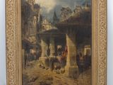 une peinture à l'huile représentant une scène de rue avec des personnages et des animaux au premier plan