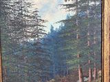 an oil painting of a dirt road in a forest with pine trees