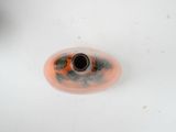 a small orange object in the middle of a white sink
