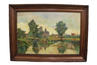 an image of a painting of a landscape with trees and a river