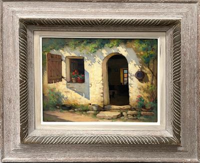 une peinture à l'huile représentant une maison avec une porte et une fenêtre