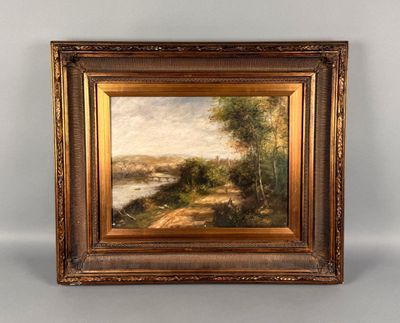 un tableau représentant un paysage avec une rivière et des arbres, dans un cadre doré