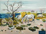 a painting of two horses eating grass by the water