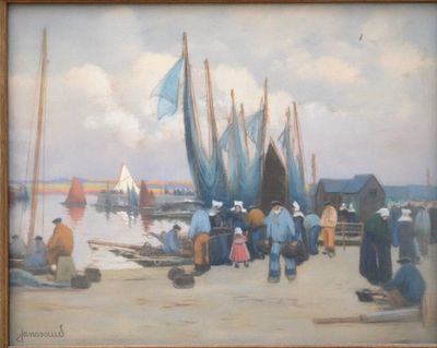une peinture représentant un groupe de personnes sur la plage