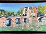 a painting of a bridge over a river with buildings in the background
