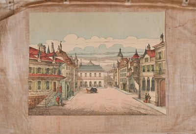 une vieille photo représentant une rue avec des bâtiments et une calèche