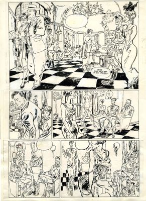 un dessin en noir et blanc représentant une bande dessinée avec des personnages dans une pièce