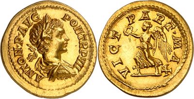 a gold coin with an image of a woman and a man on it