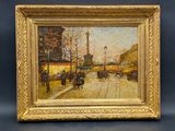 an oil painting of a street scene with a horse drawn carriage