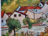 an oil painting of a village with a mountain in the background