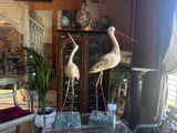 two birds that are standing on top of a table