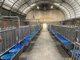 des rangées de seaux bleus alignés à l'intérieur d'une structure métallique