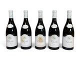 six bouteilles de vin sont alignées sur une surface blanche