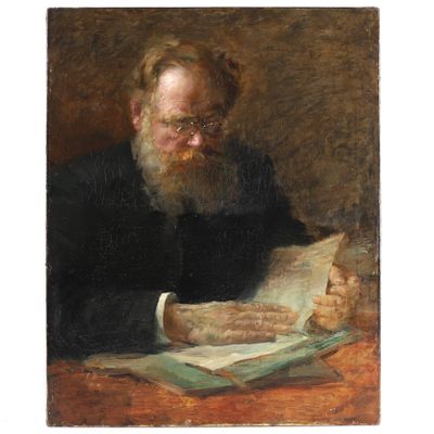 an image of a painting of a man with a beard reading a book