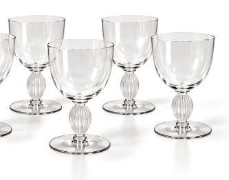 six verres à vin transparents empilés les uns sur les autres sur une surface blanche