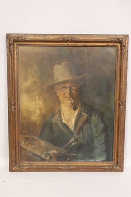 painting of a man in a hat with a pipe in his mouth