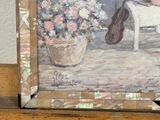 a picture of a painting of a violin and a vase of flowers