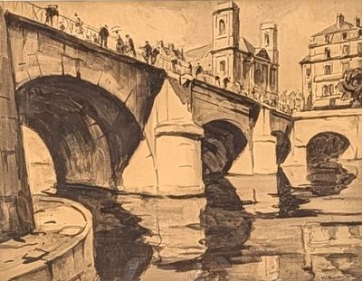 drawing of a drawing of a bridge over a river with a clock tower in the background