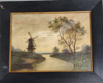 une peinture à l'huile représentant un moulin à vent au bord d'une rivière, avec un bateau au premier plan