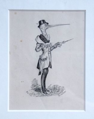 dessin représentant un homme coiffé d'un haut-de-forme, une épée à la main