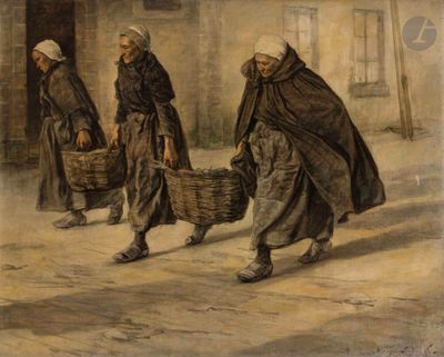 tableau représentant trois femmes marchant dans une rue, un panier à la main