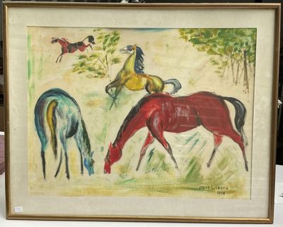 un tableau représentant trois chevaux paissant dans un champ