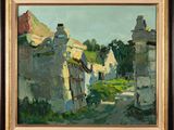 a painting of a village street with houses and trees in the background