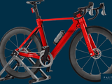 a red bike that is on a stand on a blue background