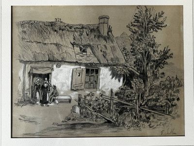 un dessin en noir et blanc représentant une maison au toit de chaume