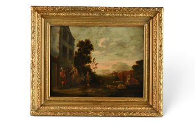 une peinture représentant une peinture d'un homme et d'une femme dans un paysage