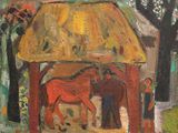 un tableau représentant un cheval et un homme devant un toit de chaume